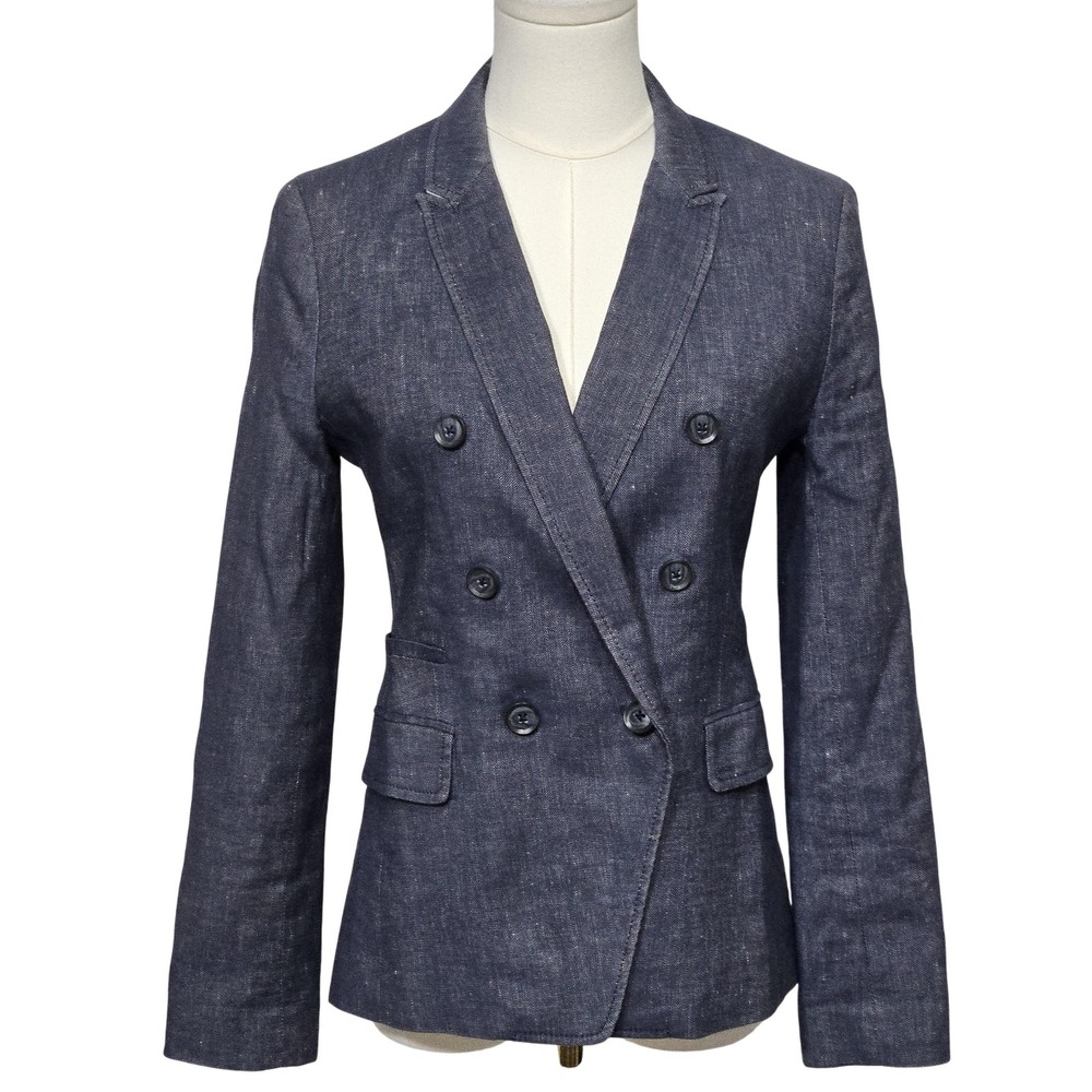 Banana Republic Blazer Womens 0 Navy Blue‎ Double Breasted Linen Cotton Lined